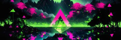 Modern landscape with neon green and pink prismatic 3D triangle