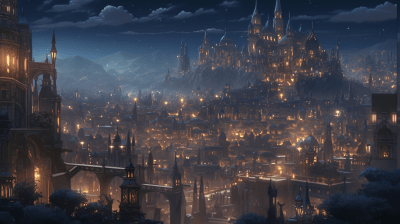 Medieval city at night with baroque architecture and airships