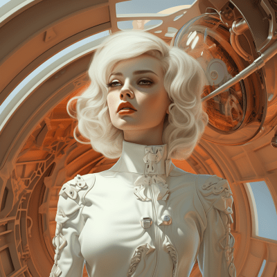 Retrofuturistic 1940s style space station with a realistic white-haired person