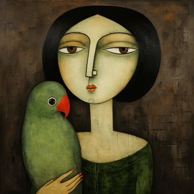 Stylized and abstract fat green parrot in an Amedeo Modigliani style