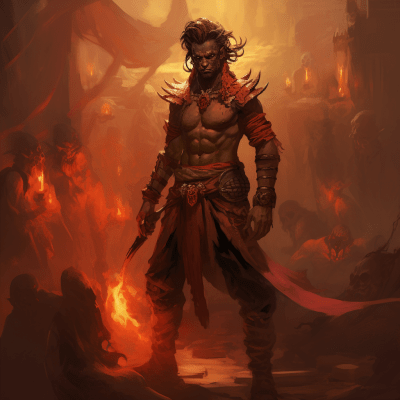Menacing red-skinned tiefling pirate with khopesh in a dark dungeon