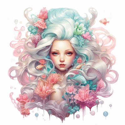 Illustration of a blonde mermaid with fuchsia jellyfish by Mark Ryden