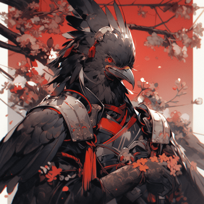 Tengu samurai with crow head and red eyes among cherry blossoms