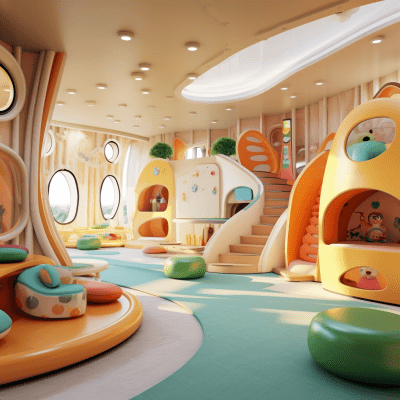 Playful cartoon-style kindergarten interior by school designer
