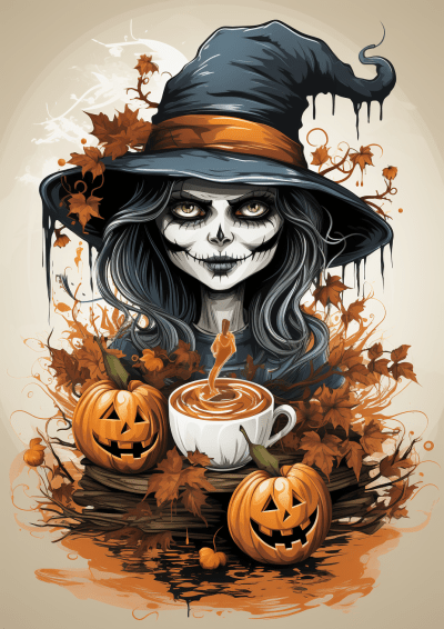 Black and white horror fall coffee shirt with witch design