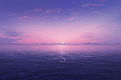 Photorealistic landscape with purple sky and black sea in minimalist style