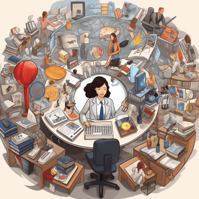 Cartoon of a busy mixed-race researcher surrounded by tasks
