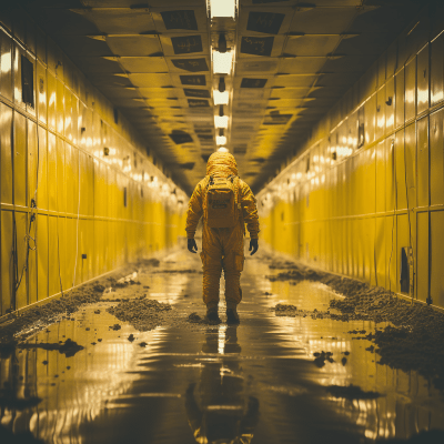 Vintage photo of astronaut walking in mysterious space with yellow filter