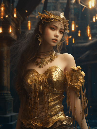 Girl posing with golden ornaments in a fantastical waterside setting