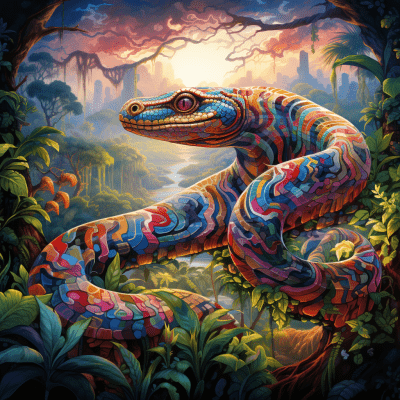 Majestic boa constrictor slithers in a vibrant ancient jungle