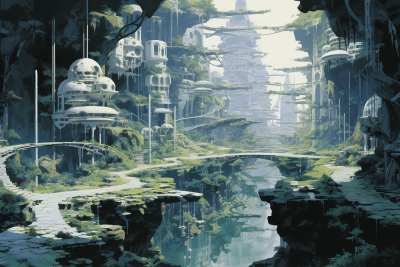 Futuristic Magical Village in Jungle with Cyberpunk Elements