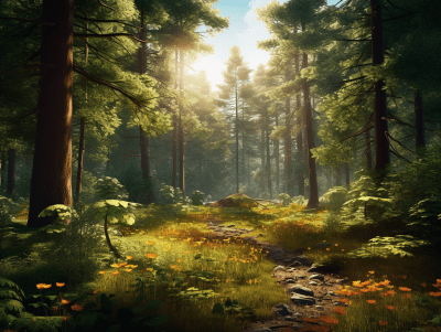 Enchanting forest in warm sunlight with hypermaximalistic art
