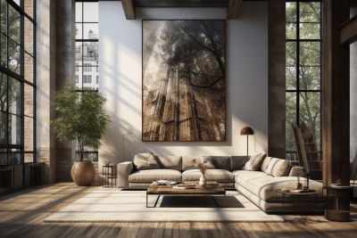 Modern loft interior with large square photo-realistic wall art