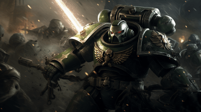 Warhammer 40K Space Marine charging into battle with Necrons