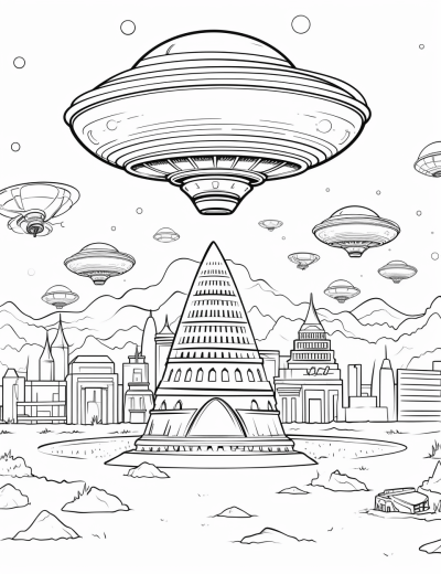Cartoon-style alien invasion coloring page with UFOs over landmarks