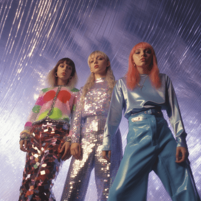 2000s Female Pop Group in Glittery Y2K Fashion with Rainbow Cast