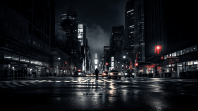 Black and white photo of man walking in lively NYC at night