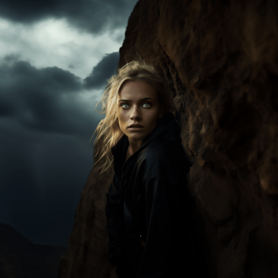 Blonde Woman in Black with Dirt on Face Overlooking Cliff Edge