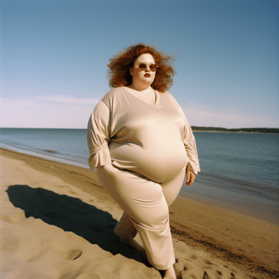 Confident plus-size woman standing on shore looking at viewer