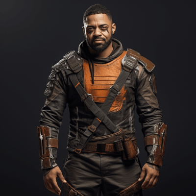 Cyberpunk character concept in burnt orange armor leather jacket