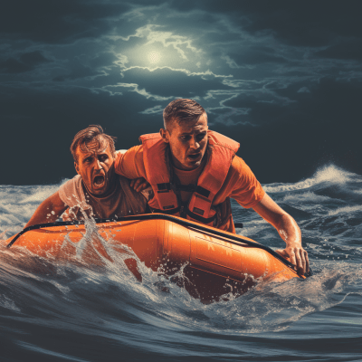 White man on orange boat rescuing a drowning person in the ocean