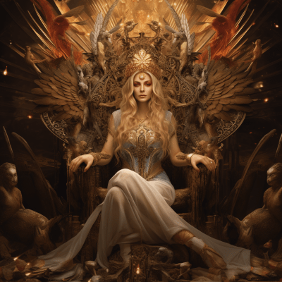 False goddess of beauty with blonde hair on throne with subjects