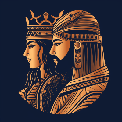 Stylized logo of Queen Shamiran and King Hammurabi with intricate details