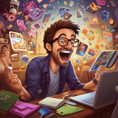 Cartoon of focused man learning social media in a cosmic office