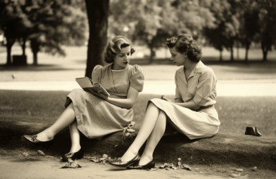 Two women sitting at park, one brushing foot on other’s leg with detailed textures