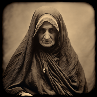 Elderly blind woman in traditional Kartvelian-Iranian winter robes