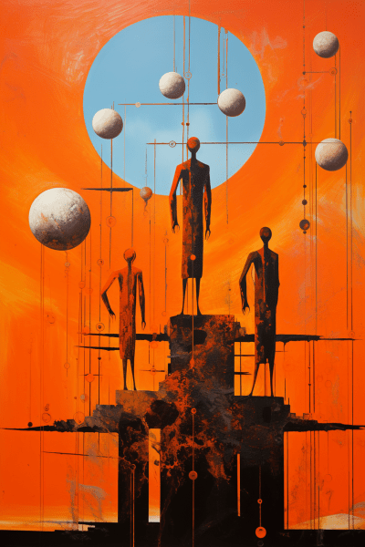 Modern psychedelic illustration of figures building a structure