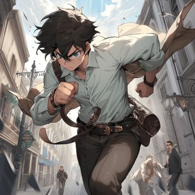 Teenage detective and robot assistant running in medieval street