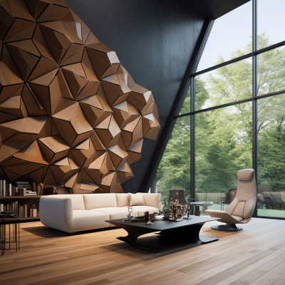 Stylish living room with unique 3D wooden trapezoidal wall design