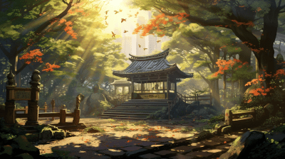 Serene shrine in lush forest with sunlight filtering through trees