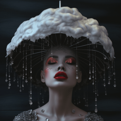 Rain goddess portrait with cloud head and tears as raindrops
