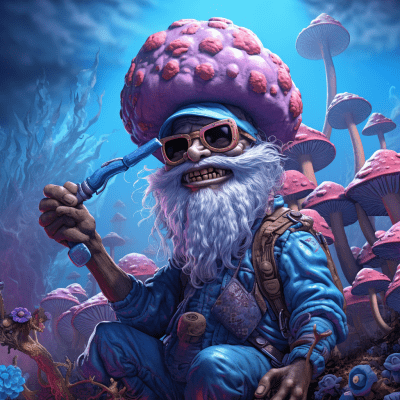 Futuristic cyberpunk garden gnomes with Blue Meanie mushrooms