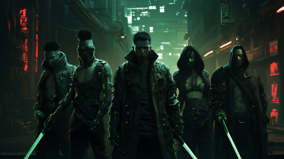 Asian gang in cyberpunk attire with katanas exuding power and danger
