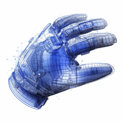 Technical wireframe drawing of cricket batting gloves with blue glow