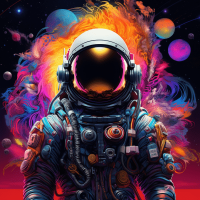 Psychedelic astronaut illustration with vibrant colors and abstract shapes