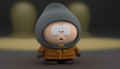 Dynamic pose of a SouthPark character with cinematic background