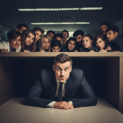 Business person hiding behind desk in tense office confrontation