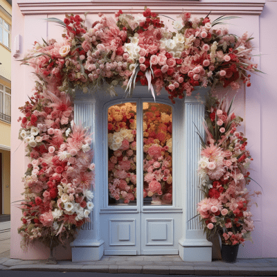 Artsy flower shop facade with vibrant artificial flowers