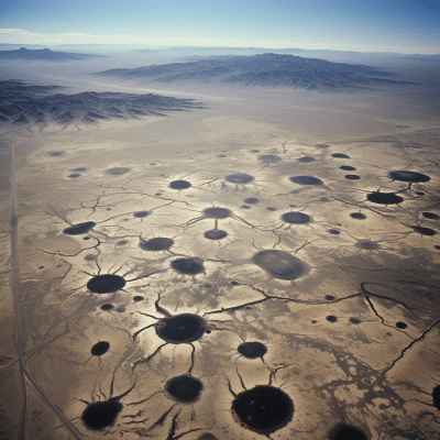 Aerial black-and-white photo of Nevada Test Site with nuclear craters