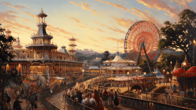 Victorian era amusement park oil painting with roller coaster