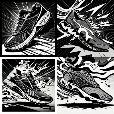 Monochrome comic book style vector illustration of a running shoe