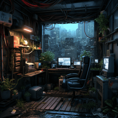 Grimdark cyberpunk house in futuristic dystopian cityscape