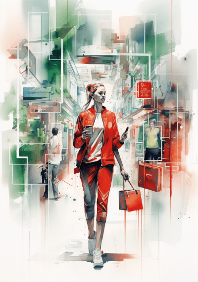 Vibrant AI and Retail Watercolor Painting with Green and Red Hues