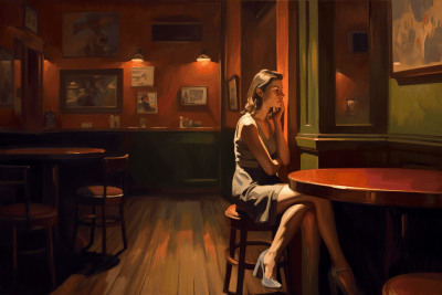 Solitary woman sitting in a cozy American bar, reminiscent of Edward Hopper