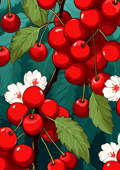 Whimsical cartoon-style image with a playful cherry pattern