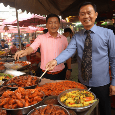 Bustling market scene with new suits and gourmet products
